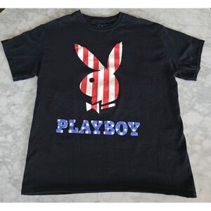 Playboy Bunny Black Stars  Stripes‎ Flag Short Sleeve T-shirt Cotton Size L